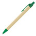 A green and beige ballpoint pen made from recycled paper, featuring a logo on the barrel.