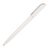 A plastic ballpoint pen in white with a silver clip, featuring a simple, sleek design.