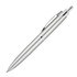 A silver ballpoint pen with a sleek design and chrome accents, featuring a clip and a branding logo.