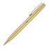 A gold ballpoint pen with a sleek design and a clip, featuring a branding logo.