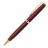 A maroon metal ballpoint pen with gold accents and a clip. It features a sleek, elegant design and includes a logo.