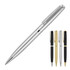 A metal ballpoint pen in silver, accompanied by black, gold, and brushed silver variants. It has a clip and a sleek design.