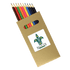 A set of 10 natural wood full-size colouring pencils in various colours, packaged in a cardboard holder with a logo.
