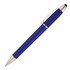 A blue ballpoint pen with a stylus tip and a silver clip. The pen has a sleek, matte finish.