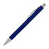 A blue ballpoint pen with a silver clip and tip, featuring a sleek design and a logo.