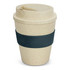 A drink bottle featuring a natural beige finish with a dark navy silicone sleeve and a lid. It has a logo.
