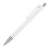 A matte white ballpoint pen with a silver clip and tip, featuring a smooth, minimalist design.