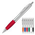 A silver ballpoint pen with a silicone grip in red, alongside various other coloured pens. Includes branding on the pens.