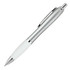 A silver ballpoint pen with a silicone grip and chrome accents, featuring a logo on the body.