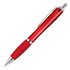 A red ballpoint pen with a shiny transparent barrel and a silicone grip featuring silver accents. It has a logo.
