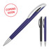 A ballpoint pen in blue and black with a sleek silver clip, featuring a logo.