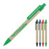 A ballpoint pen with a recycled paper body in sage green, featuring a logo and four ink colours: black, blue, and orange.