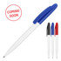 A ballpoint pen in gloss white with a blue cap, displayed alongside versions in black and red. Features a logo.