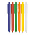 A collection of six triangular ballpoint pens in blue, red, green, orange, yellow, and white, featuring a logo.