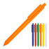 An orange triangular ballpoint pen alongside six other pens in various colours: blue, red, green, yellow, and white.