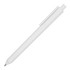 A matte white triangular ballpoint pen with a clip and black ink tip, featuring a logo.