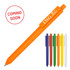 A triangular orange ballpoint pen with a clip and six assorted ink colours: blue, red, green, yellow, black, and white.