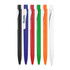 A display of six Plastic Ballpoint Pens in black, blue, red, green, orange, and white, featuring a logo on one pen.