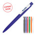 A ballpoint pen in white and blue, with a logo and available in various colours: black, green, orange, red, and white.