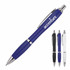 A ballpoint pen in solid blue with a silver clip and an accompanying set of pens in black, white, and blue.