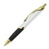 A ballpoint pen in white and black with gold accents. It features a clip and plastic body design.