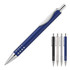 A metal ballpoint pen in blue with a silver clip and decorative holes, displayed alongside versions in black, silver, and white.