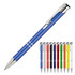 A metallic blue ballpoint pen with a silver clip, accompanied by various pens in red, yellow, green, black, and white.