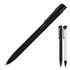 A black matte ballpoint pen with a sleek design and a clip, accompanied by a white variant. Features a branding logo.