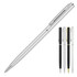A metal ballpoint pen in matte silver, accompanied by black, white, and gold variants. Featuring a branding logo.