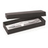 A sleek silver pen nestled in a black gift box. The box is slightly open, revealing the pen inside.