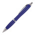 A blue ballpoint pen with a shiny silver clip and accents, featuring a sleek, solid design.