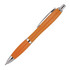 A ballpoint pen in solid orange with chrome accents and a clip, featuring a sleek design and a logo.