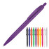 A purple ballpoint pen with a matching cap, alongside a variety of coloured pens including black, orange, pink, and yellow.