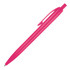 A bright pink ballpoint pen with a click mechanism and a clip for easy attachment. It features a simple design and branding.
