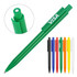A green ballpoint pen with a clip, accompanied by a set of additional pens in various colours including black, blue, orange, yellow, and white.