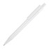 A white ballpoint pen with a glossy finish and a clip on the side. It features a branding logo.