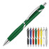 A ballpoint pen named "Sally" in green, featuring a chrome clip and various other colours displayed below.