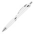 A ballpoint pen in white with chrome accents and a sleek design. It features a clip and a smooth surface.