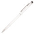 A metal ballpoint pen in white with silver accents and a stylus tip. It features a sleek design and a clip.