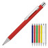 A red ballpoint pen with a matte finish and a silver clip, accompanied by a variety of other coloured pens.