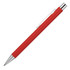 A red metal ballpoint pen with a matte finish and chrome accents, featuring a clip and a logo.