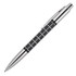 A sleek black and silver ballpoint pen with a patterned grip, featuring a branding logo.