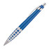 A metal ballpoint pen in blue and silver with a textured grip and clip. Features a logo on the barrel.