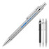 A metal ballpoint pen in matte silver, featuring a chrome clip and accents, with options in black and white.