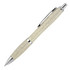 A ballpoint pen with a wheat straw barrel in a light beige colour and chrome accents, featuring a logo.