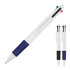 A ballpoint pen in white, featuring a blue grip and red and green accents, with an option for black grip.