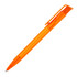 An orange transparent ballpoint pen with a clip and textured grip, featuring a visible ink cartridge.