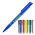 A blue ballpoint pen with a clip, alongside various coloured pens in black, green, orange, red, yellow, and grey.