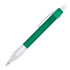 A green ballpoint pen with a transparent grip and clip. The pen has a sleek design and features one logo.