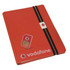 A5 bonded leather notebook in red with an elastic band and clip, featuring a logo on the cover.